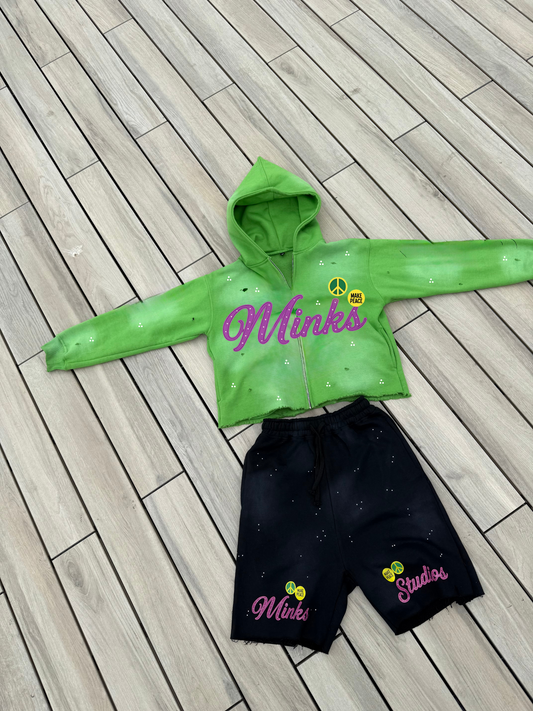 ACID WASH GREEN SHORTS SET